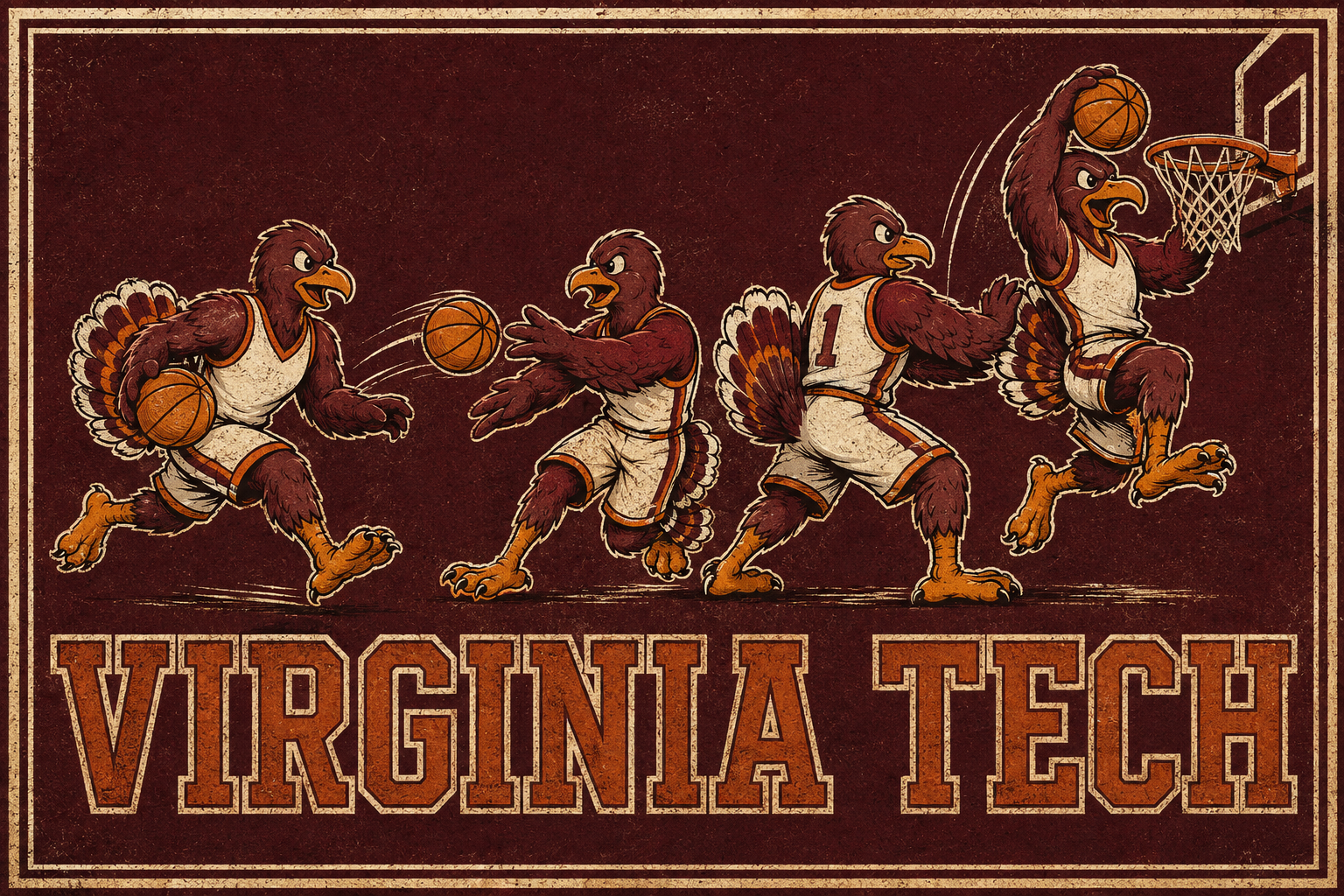 Virginia Tech Basketball Bird Mascots Vintage-Style Wall Art