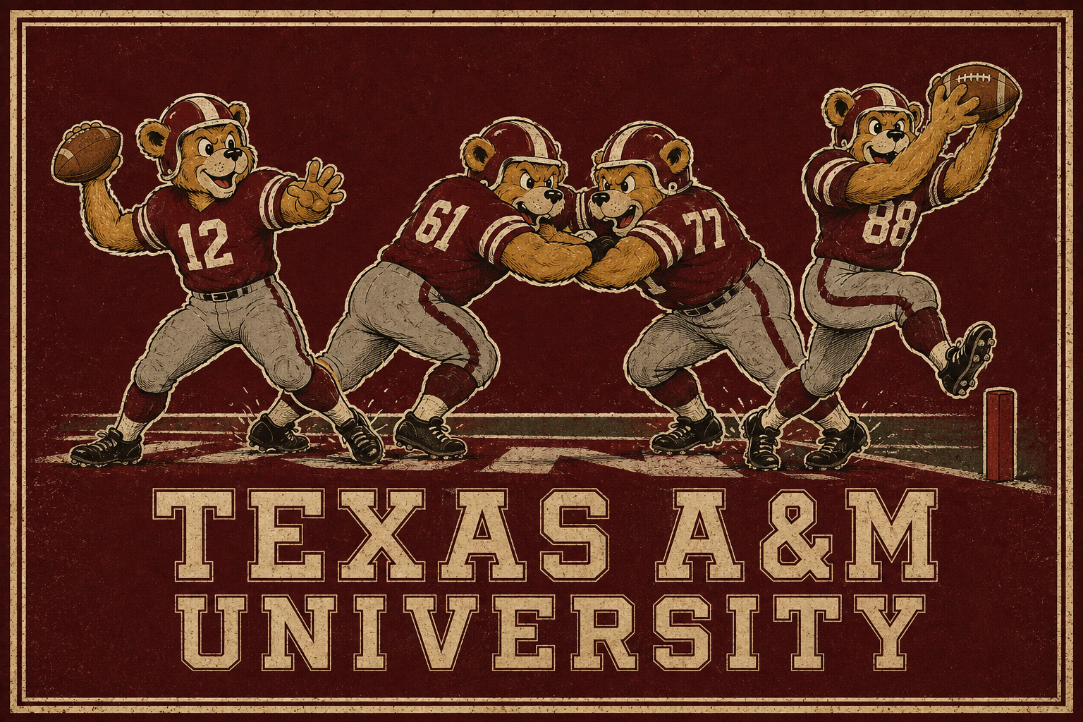 Texas A&M Football Bear Mascots Retro Wall Art Print