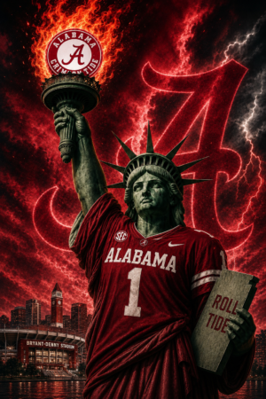 Alabama Crimson Football Statue Dramatic Storm Wall Art