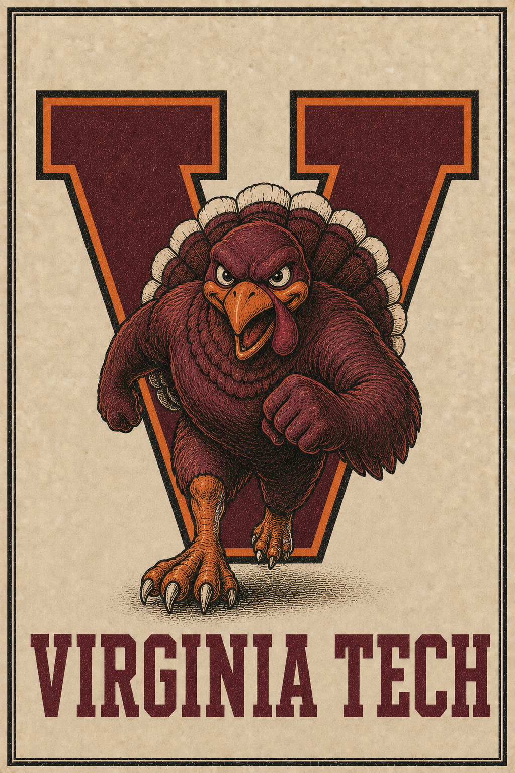Virginia Tech Turkey Mascot Vintage-Style Wall Art Print