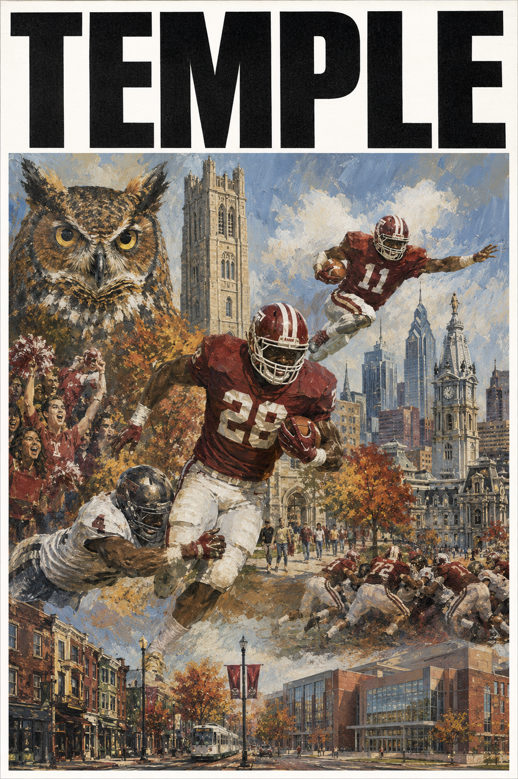 Temple Football Owl and Cityscape Printed Wall Art