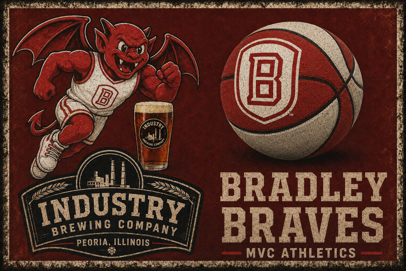 Bradley Braves Mascot and Industry Brewing Vintage-Style Wall Art