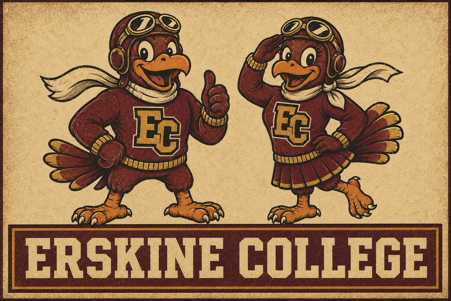 Erskine College Cartoon Aviator Birds Vintage-Style Wall Art