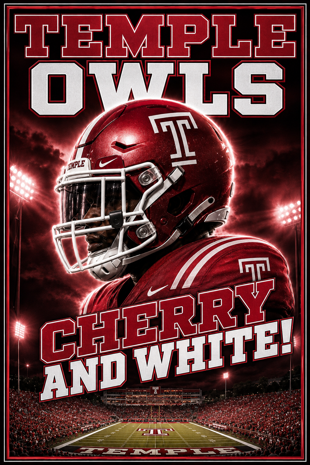 Temple Owls Cherry and White Football Poster