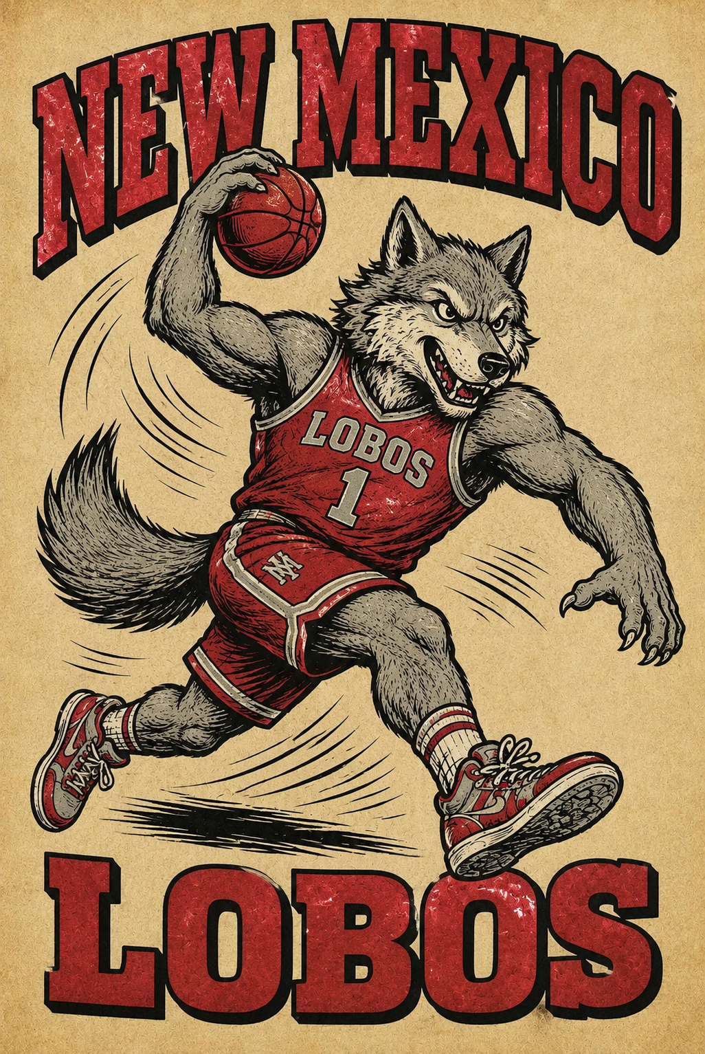 New Mexico Lobos Wolf Basketball Vintage-Style Wall Art