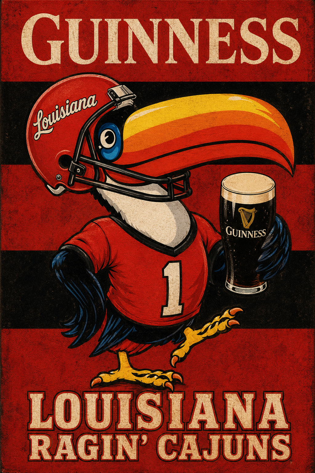 Louisiana Football Rooster with Guinness Pint Vintage-Style Art