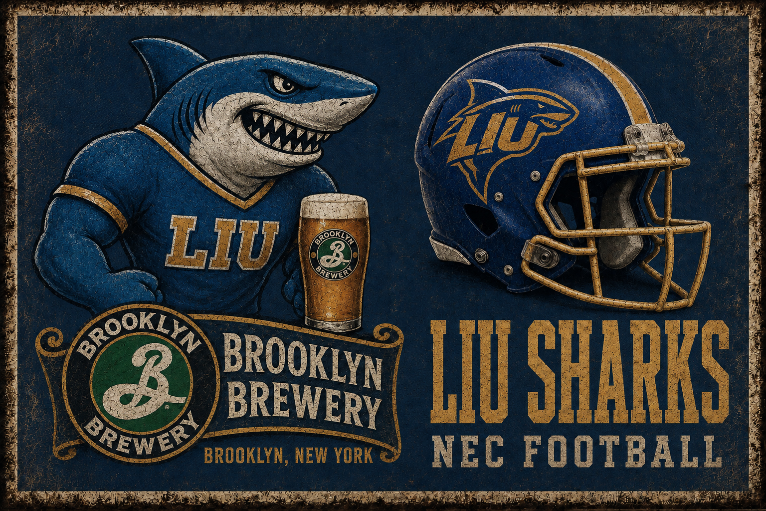 LIU Sharks Football Vintage-Style Printed Wall Art