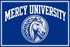 Mercy University Horse Emblem Blue and White Wall Art