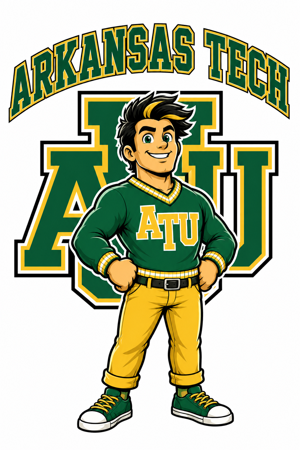 Arkansas Tech ATU Green and Gold Cartoon Graphic