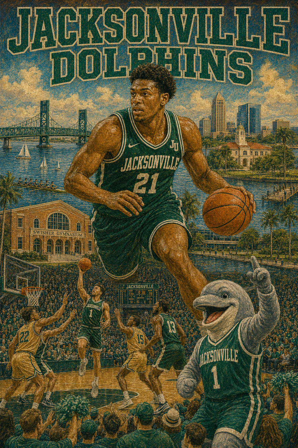 Jacksonville Dolphins Basketball Cityscape Poster
