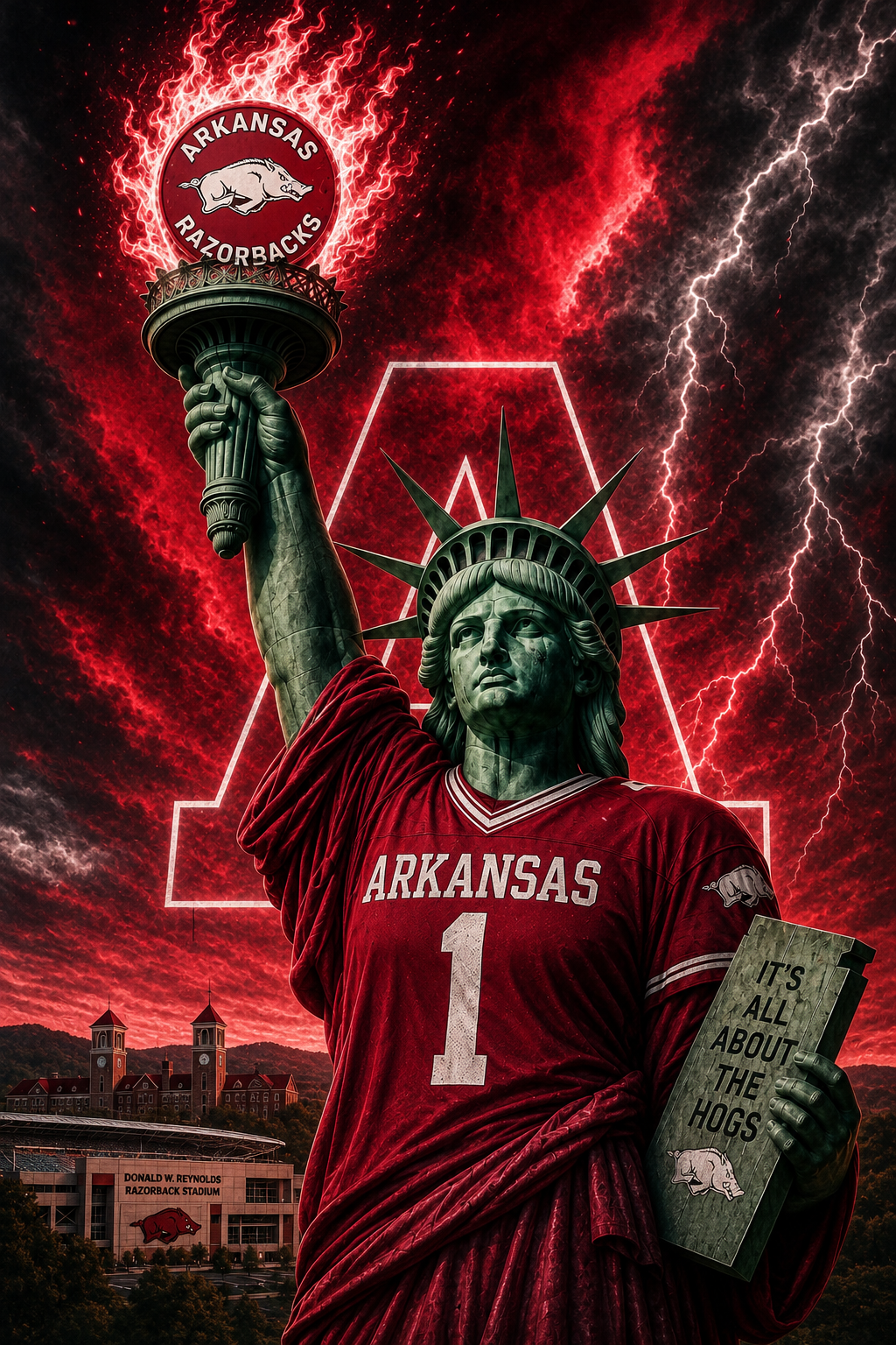 Arkansas Razorbacks Statue of Liberty Red Lightning Wall Art