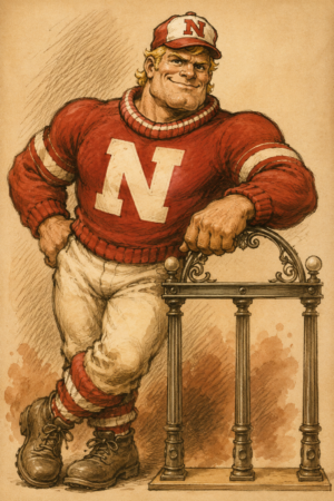 Vintage-Style Football Player and Hurdle Illustration Print