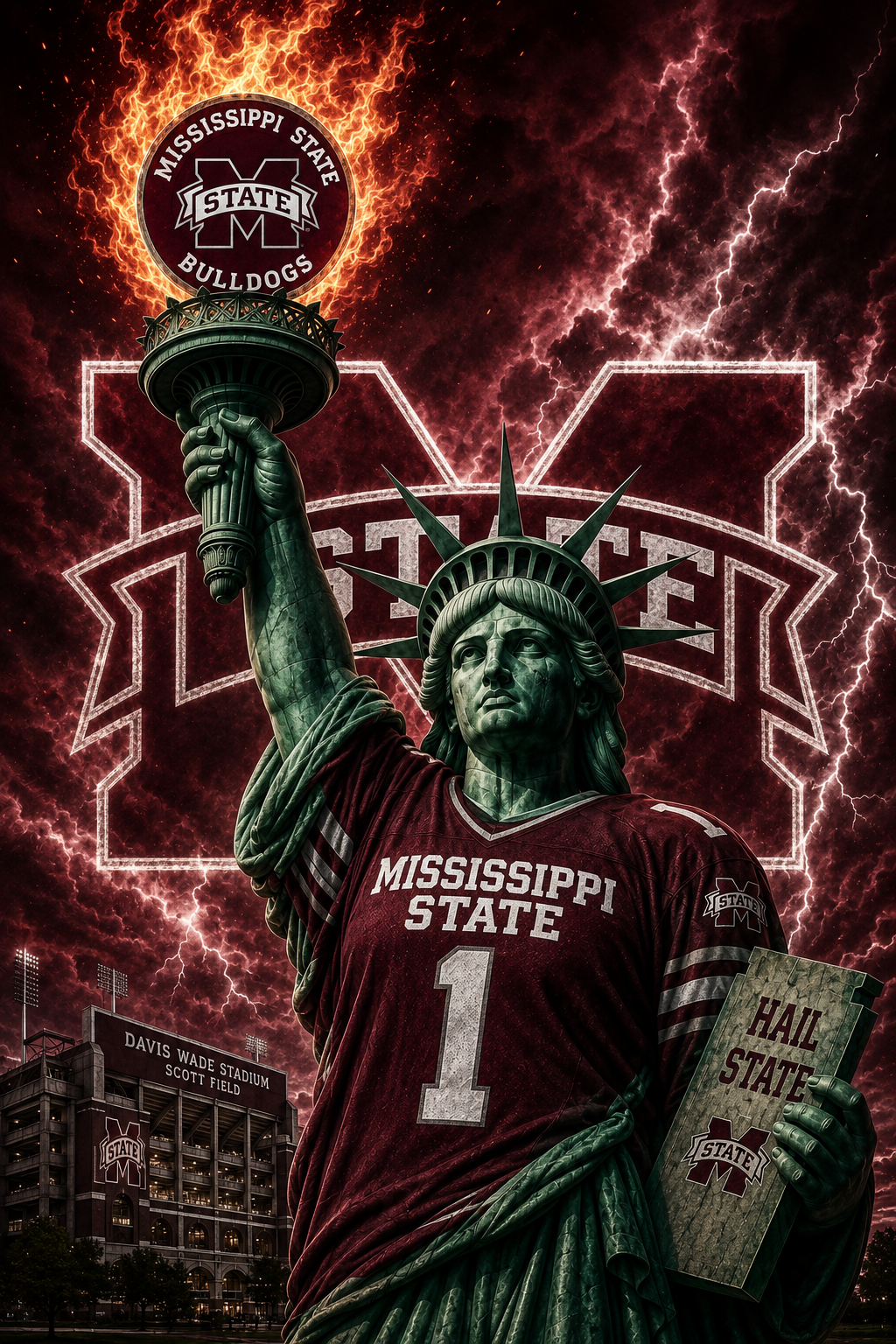 Mississippi State Bulldogs Statue Football Storm Wall Art