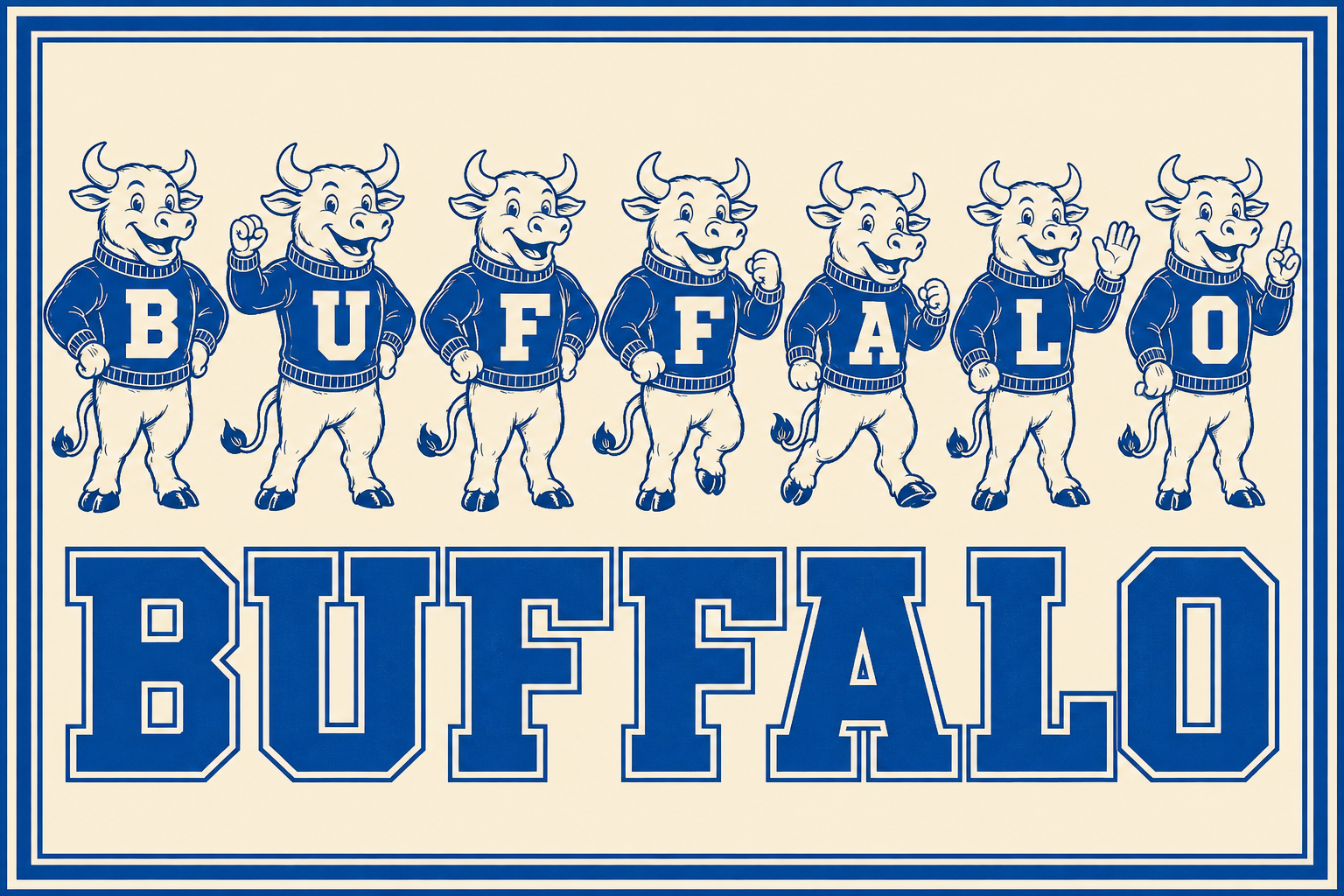Blue and Cream Buffalo Mascot Typography Wall Art
