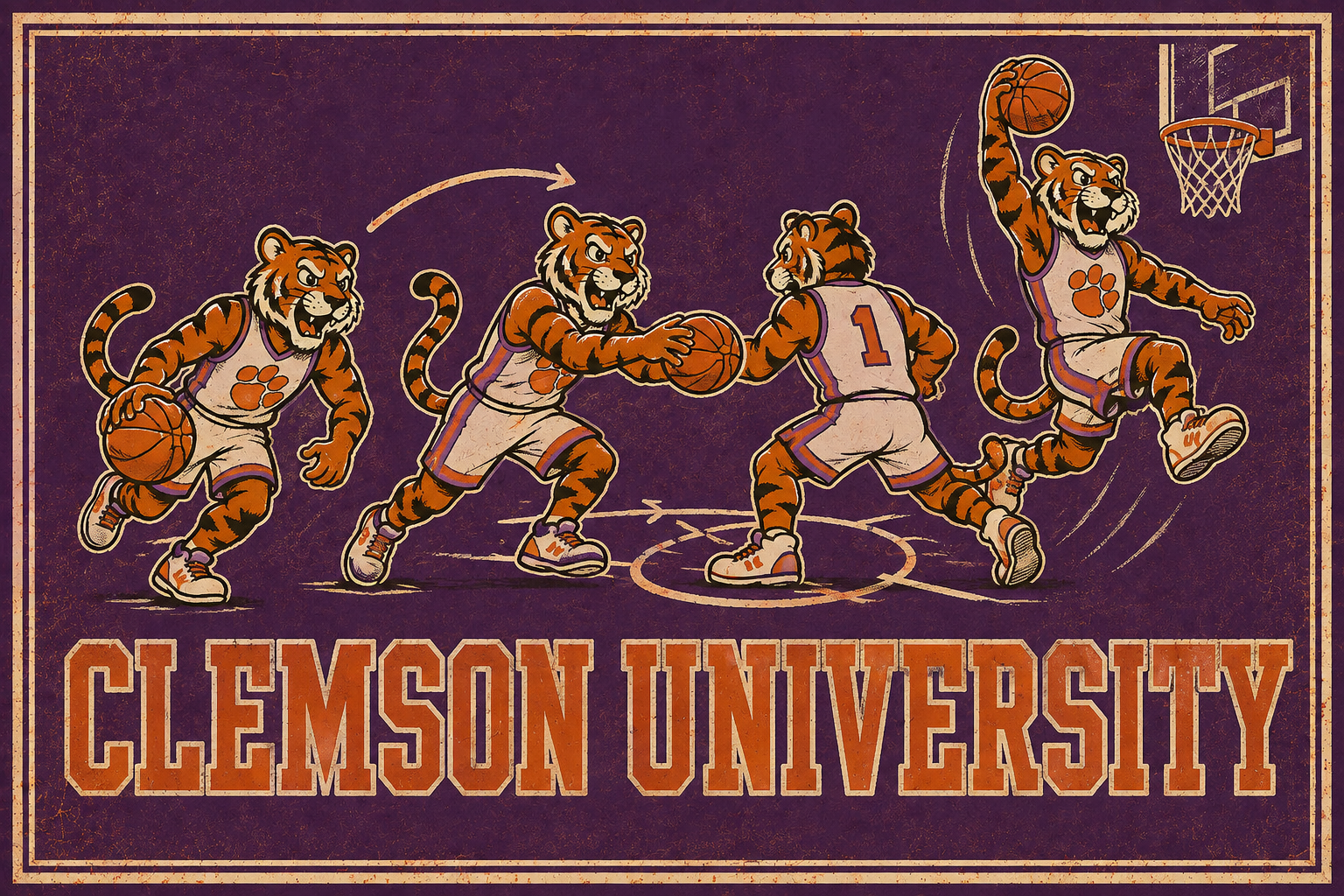Clemson University Tiger Basketball Vintage-Style Wall Art
