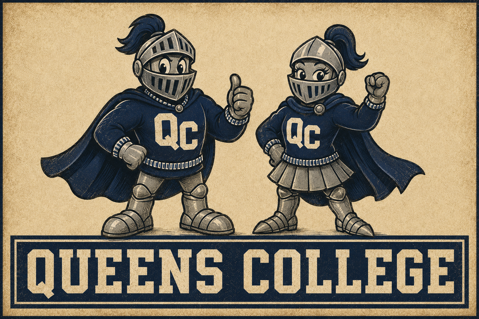 Queens College Knight Duo Vintage-Style Wall Art