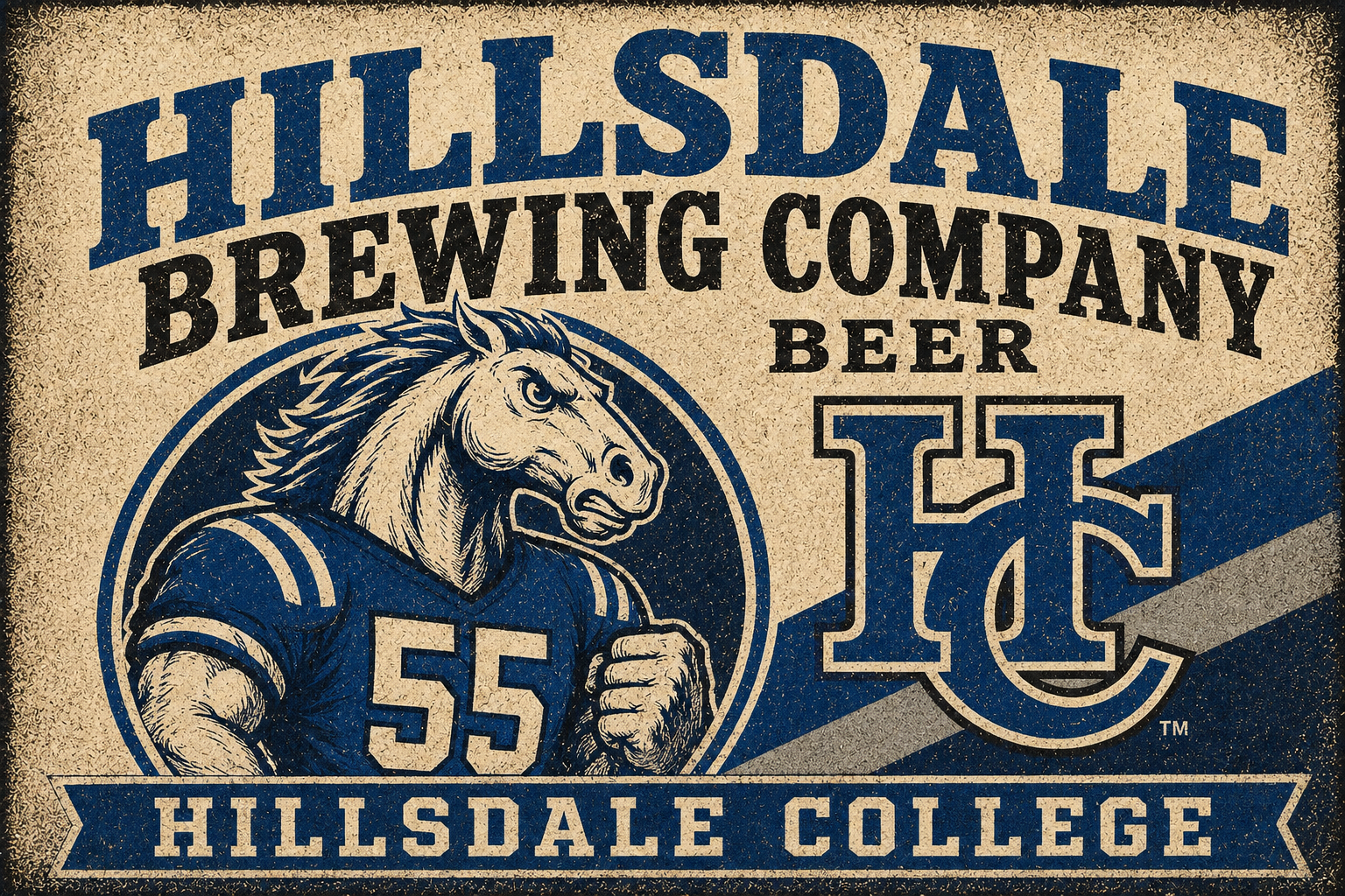 Hillsdale Brewing Company 55 Horse Mascot Vintage-Style Sign