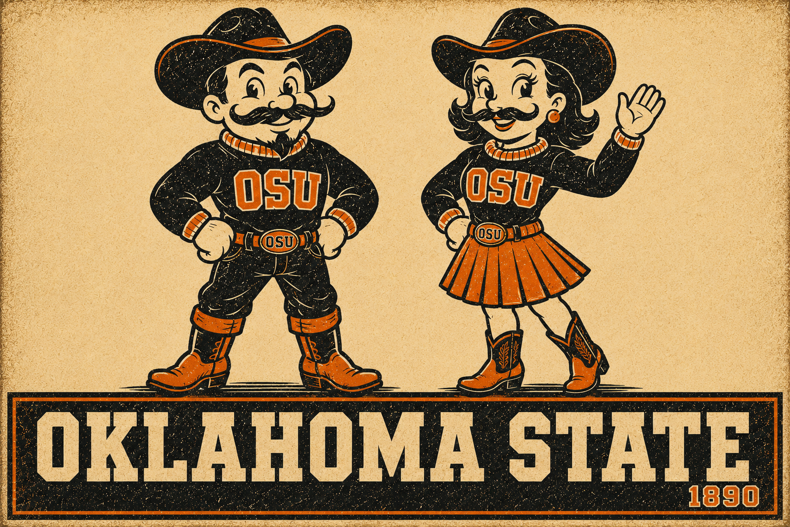 Vintage-Style Oklahoma State Cowboy Couple Wall Art