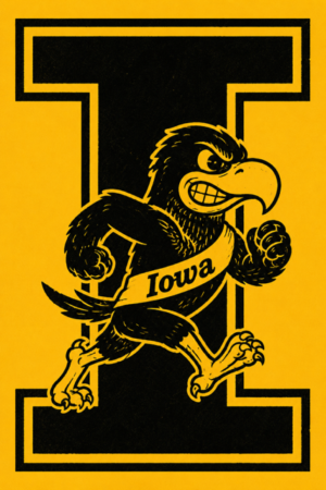 Iowa-Themed Bird Mascot and Block I Graphic