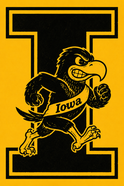 Iowa-Themed Bird Mascot and Block I Graphic
