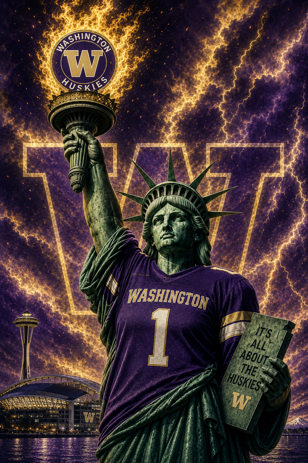 Washington Huskies Statue Football Fantasy Wall Art Print