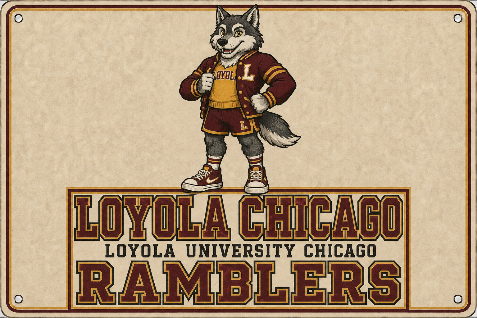 Loyola Chicago Ramblers Wolf Mascot Wall Sign