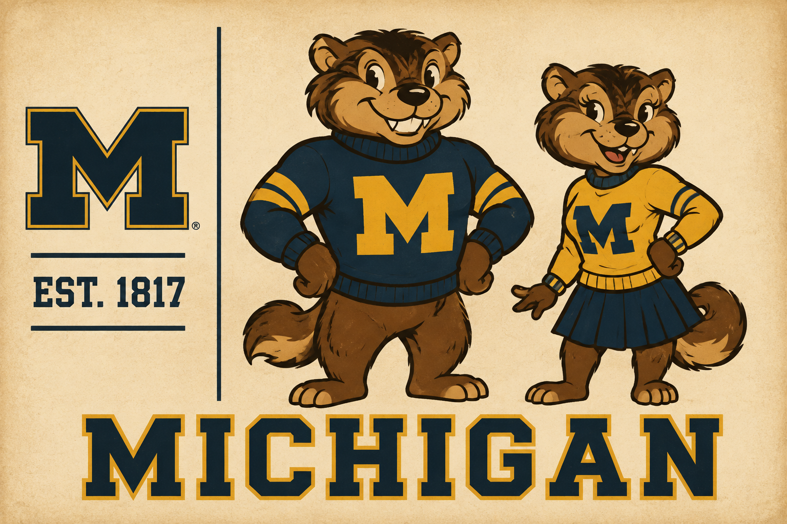 Michigan-Themed Bear Mascots Wall Art Print