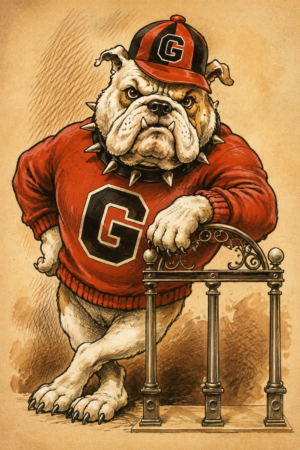Vintage-Style Bulldog in Red G Sweater Illustration Wall Art