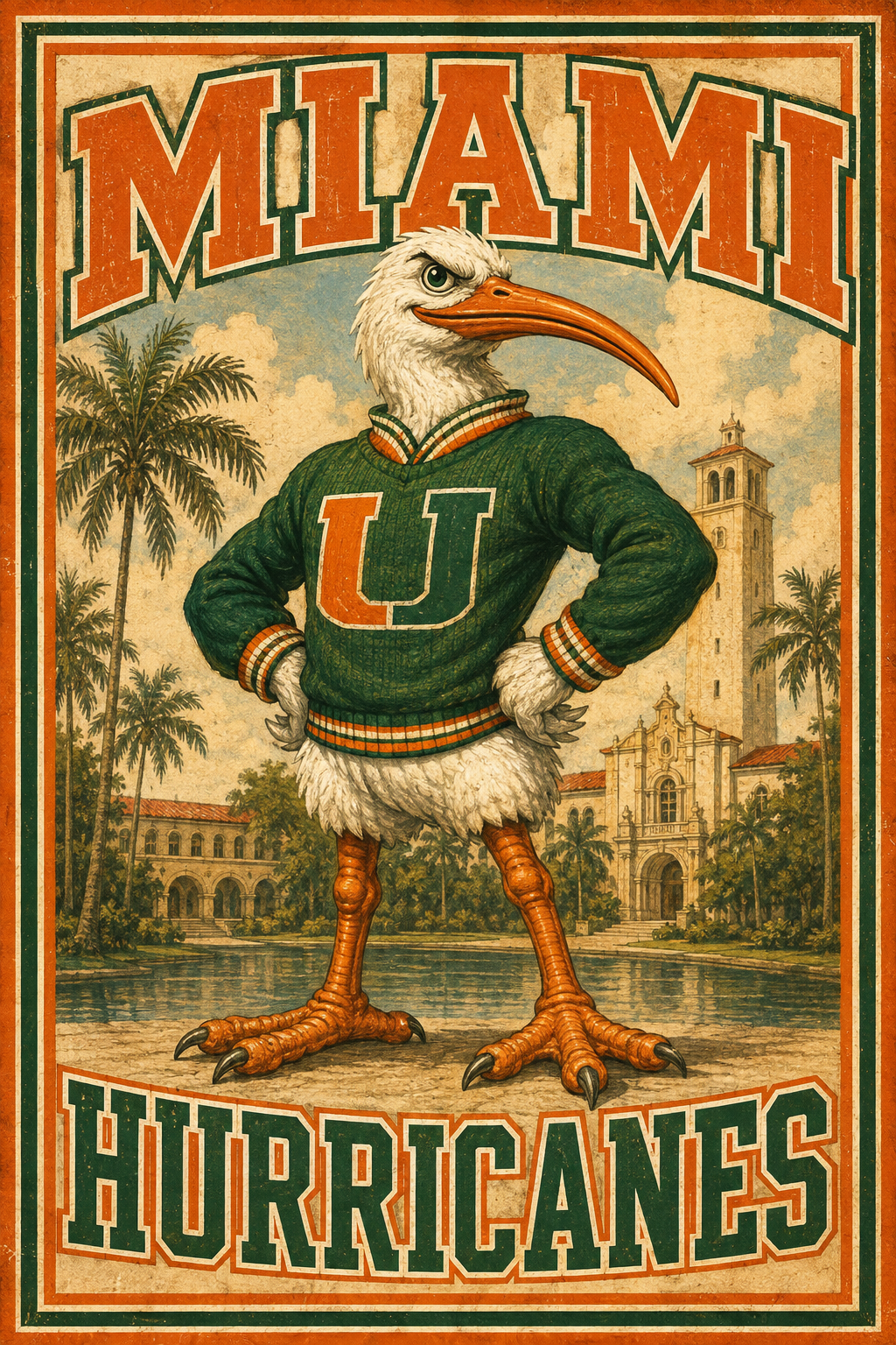 Miami Hurricanes Pelican Mascot Vintage-Style Wall Art