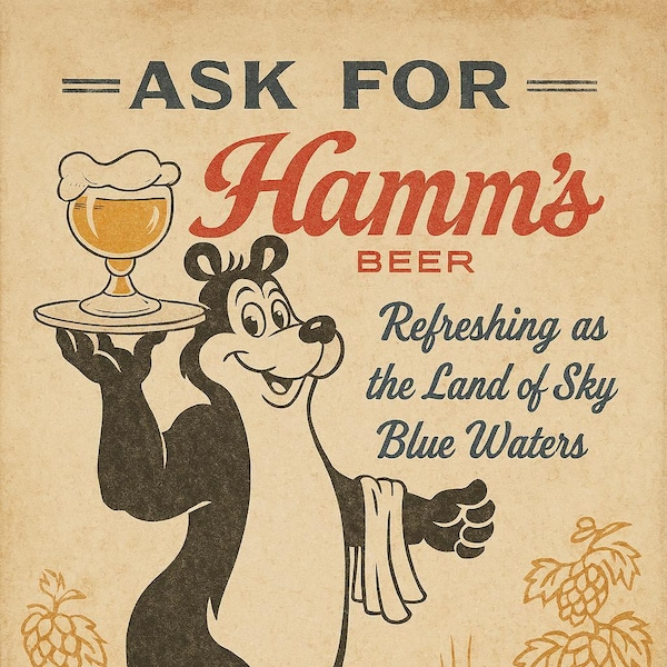 Vintage-Style Hamm’s Beer Bear Advertisement Wall Art