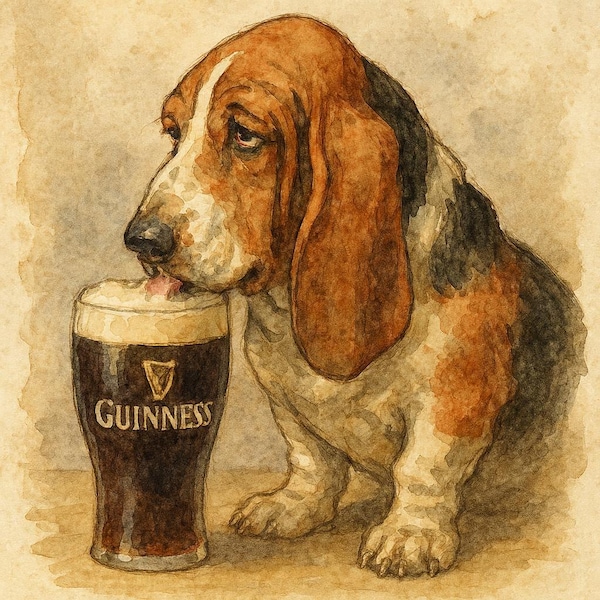 Basset Hound with Stout Glass Watercolor-Style Wall Art