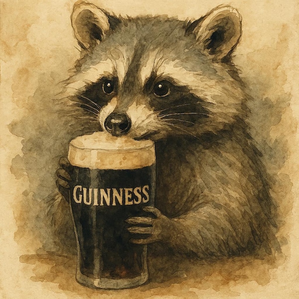 Watercolor Raccoon Holding Guinness Pint Wall Art