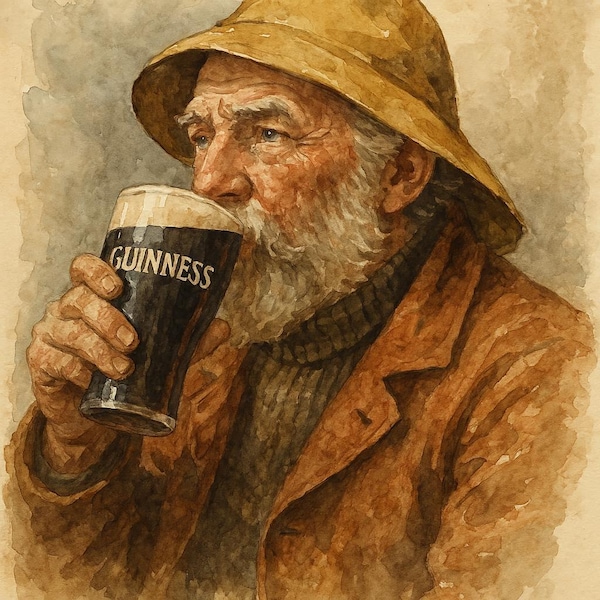 Watercolor-Style Bearded Man with Guinness Pint Portrait