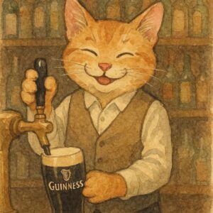 Smiling Cat Bartender Serving Stout Watercolor Art
