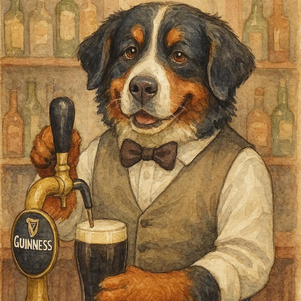 Bernese Mountain Dog Pub Bartender Watercolor Art