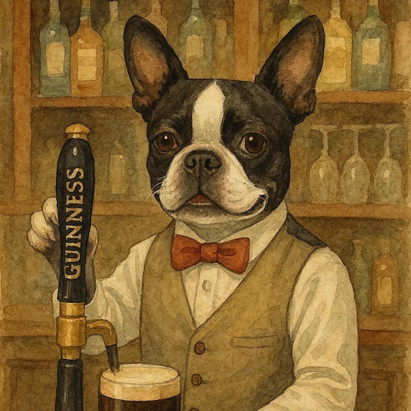 Boston Terrier Bartender Stout Pub Art