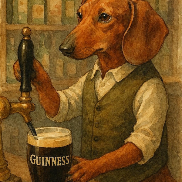 Dachshund Bartender Pouring Stout Pub Art