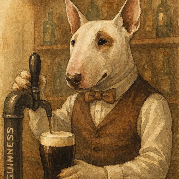 Bull Terrier Bartender Pub Watercolor Wall Art