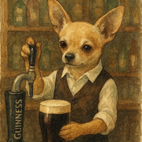 Chihuahua Bartender Pub Illustration Wall Art