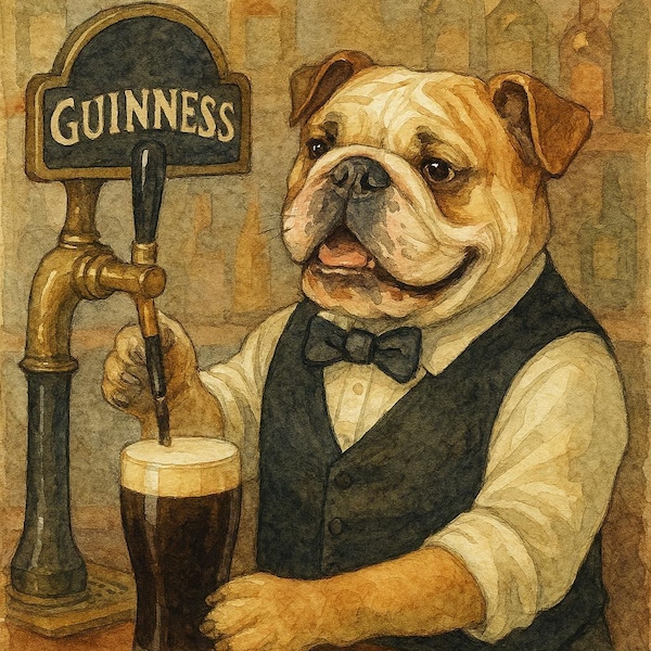 Bulldog Bartender with Stout Tap Watercolor-Style Art