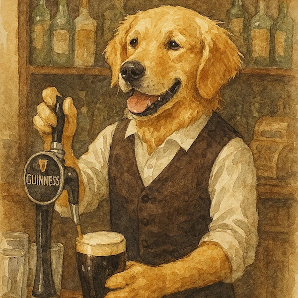 Golden Retriever Bartender Pub Scene Art