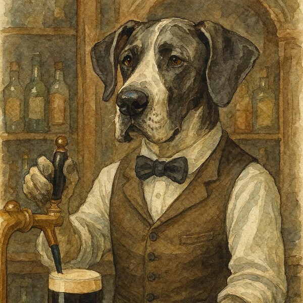 Watercolor-Style Dog Butler with Bow Tie Art Print