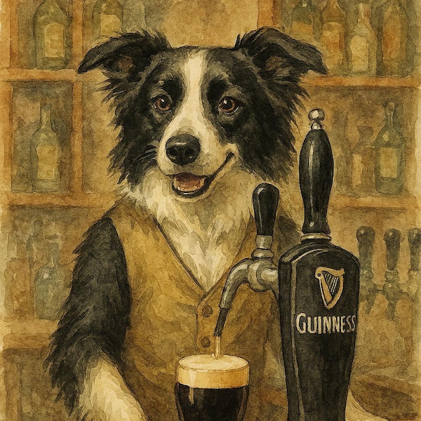 Border Collie Bartender Guinness Tap Art Print