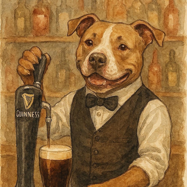 Watercolor-Style Dog Bartender Pub Wall Art