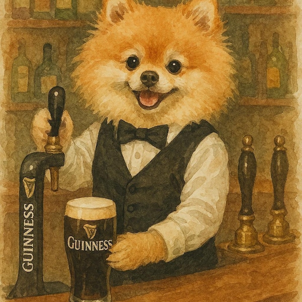 Fluffy Dog Bartender Pub Watercolor Art with Guinness Pint