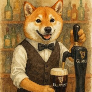 Shiba Inu Bartender with Stout Tap Watercolor-Style Art