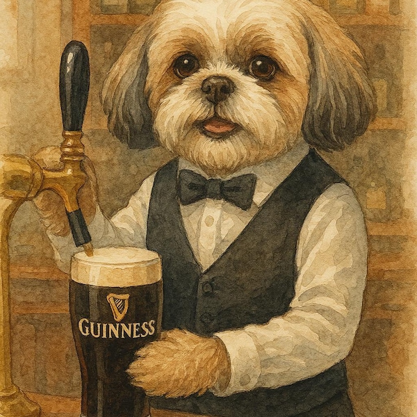 Shaggy Dog Bartender with Stout Pint Artwork