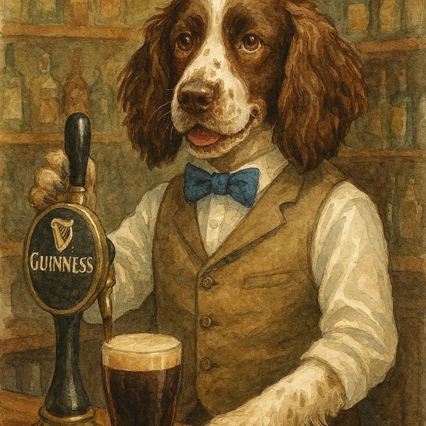 Watercolor Spaniel Bartender Guinness Pub Art