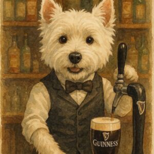 Watercolor Terrier Pub Bartender with Stout Pint