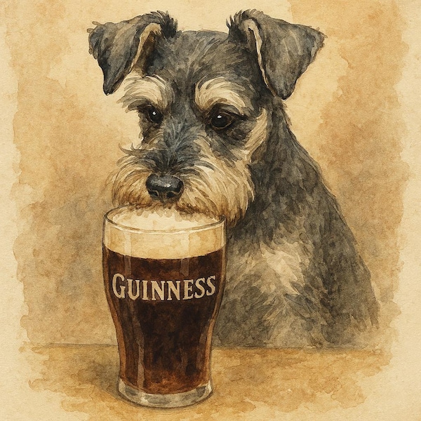 Watercolor Schnauzer with Stout Pint Artwork